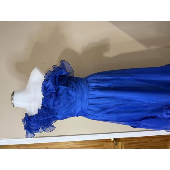 70s 80s Elegant Royal Blue One-Shoulder Ruffled Evening Dress Fancy Frocks - Picture 4 of 12